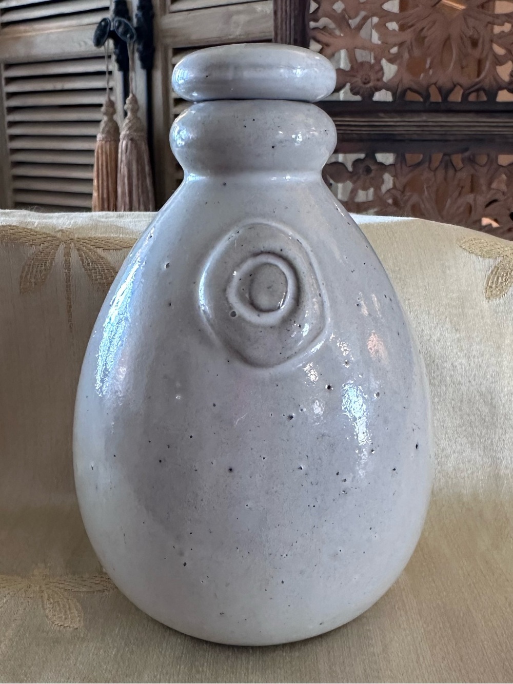 Crate & Barrel Grayish White Speckled Glazed Ceramic Stoneware Olive Oil Cruet.